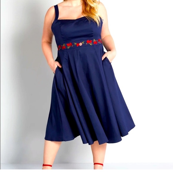 ModCloth x Collectif Laureen Pomegranate Swing Dress Navy Fit & Flare Midi Dress - Picture 4 of 14
